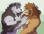  2boys ? ainu_clothes animal_ears bara belly brown_fur chest_hair eye_contact fluffy from_side furry furry_male furry_with_furry grabbing grey_fur grey_hair hand_on_another&#039;s_head headband horkeu_kamui large_pectorals lion_boy lion_ears looking_at_another male_focus multiple_boys muscular muscular_male out-of-frame_censoring pectoral_grab pectorals plump rossciaco short_hair silver_hair tail tokyo_afterschool_summoners topless_male two-tone_fur upper_body white_fur wolf_boy wolf_ears wolf_tail yaoi yellow_eyes 