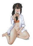  1girl black_hair borrowed_character breasts collarbone convenient_hand eyebrows_visible_through_hair fang highres looking_at_viewer medium_hair multicolored_hair navel open_mouth orange_hair original raban2950 seiza sitting small_breasts smile solo streaked_hair wet 