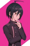  1boy ahoge bangs black_hair black_jacket bojue_(hakus_1128) brown_eyes buttons danganronpa_(series) danganronpa_v3:_killing_harmony double-breasted from_side hand_up highres jacket long_sleeves male_focus open_mouth pink_background saihara_shuuichi short_hair solo striped striped_jacket thinking upper_body white_background 