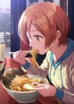  1girl birthday eating food hood hood_down hoodie hoshizora_rin long_sleeves love_live! love_live!_school_idol_project noodles open_mouth orange_hair ramen shamakho shirt short_hair solo star_(symbol) star_print white_shirt yellow_eyes 