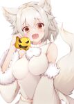  1girl :d animal_ear_fluff animal_ears breasts detached_sleeves eyebrows_visible_through_hair fang fur_trim halloween inubashiri_momiji jack-o&#039;-lantern large_breasts looking_at_viewer orange_eyes rururiaru short_hair simple_background smile solo tail touhou white_background white_hair wolf_ears wolf_girl wolf_tail 