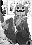  2girls ahoge belt breasts crown dress epaulettes fate/grand_order fate_(series) fujimaru_ritsuka_(female) glasses greyscale halloween_royalty highres jacques_de_molay_(foreigner)_(fate) medium_breasts mini_crown monochrome multiple_girls pumpkin_hat smile stretch sweat sweating_profusely syatey 