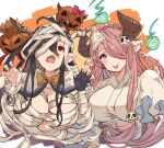  2girls :p antenna_hair ayacho bandage_over_one_eye bandages black_hair blue_eyes bow bowtie braid breasts cape claw_pose crown_braid danua draph fingerless_gloves ghost_costume gloves granblue_fantasy gretel_(granblue_fantasy) hair_between_eyes hair_ornament hair_over_one_eye halloween halloween_costume hansel_(granblue_fantasy) hitodama horns jack-o&#039;-lantern japanese_clothes kimono large_breasts long_hair multiple_girls mummy_costume naked_bandage narmaya_(granblue_fantasy) open_mouth pink_hair pointy_ears red_eyes single_glove skull_hair_ornament sleeves_past_wrists smile tongue tongue_out triangular_headpiece upper_body white_kimono 