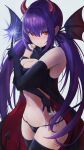  1girl bangs bare_shoulders black_cape black_gloves black_legwear blush breasts cape cleavage closed_mouth cowboy_shot demon_girl demon_tail demon_wings elbow_gloves eyebrows_visible_through_hair fate/grand_order fate_(series) gloves halloween_costume highres horns ichi_yoshida long_hair looking_at_viewer purple_hair red_eyes scathach_(fate) scathach_skadi_(fate) simple_background solo tail thighhighs thighs wand wings 