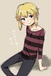 1girl androgynous blonde_hair blue_eyes blush breasts closed_mouth collagen denim gunslinger_girl jeans looking_at_viewer pants rico_(gunslinger_girl) shirt short_hair simple_background smile solo striped striped_shirt 