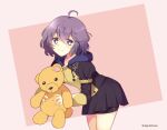  1girl artist_name bangs bernadetta_von_varley black_skirt blush commentary eyebrows_visible_through_hair fire_emblem fire_emblem:_three_houses garreg_mach_monastery_uniform grey_eyes hair_between_eyes highres holding holding_stuffed_toy hood hood_down kaigetuluna leaning_forward long_sleeves looking_at_viewer messy_hair pink_background purple_hair short_hair shorts shorts_under_skirt skirt smile solo stuffed_animal stuffed_toy teddy_bear two-tone_background white_background 