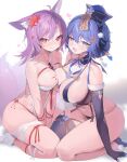  2girls absurdres animal_ears arms_between_legs asymmetrical_docking bandaged_leg bandages bangs bare_shoulders between_breasts blue_eyes blue_hair blue_panties body_markings breast_press breasts chest_jewel chinese_hat cleavage elbow_gloves eyebrows_visible_through_hair fox_ears fox_girl gloves gogoco hair_ornament highres kneeling large_breasts licking licking_lips looking_at_viewer multiple_girls naughty_face navel open_mouth original panties purple_eyes purple_hair red_panties revealing_clothes sarashi seiza single_thighhigh sitting skindentation thick_thighs thighhighs thighs tongue tongue_out underwear 