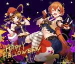  2girls ;d black_horns blue_skirt boots brown_hair candy cape commentary cross-laced_footwear fake_horns fingerless_gloves food gloves gradient gradient_background halloween halloween_costume happy_halloween hat headset heart heart_tattoo highres horns hoshizora_rin koizumi_hanayo looking_at_viewer love_live! love_live!_school_idol_project midriff multiple_girls nakano_maru navel one_eye_closed orange_gloves orange_hair orange_headwear purple_background purple_cape purple_eyes purple_footwear purple_gloves purple_skirt short_hair skirt smile socks starry_background striped striped_legwear tattoo twitter_username v white_legwear witch_hat yellow_eyes 