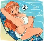  1girl absurdres arm_up armpits artist_name bikini breasts brown_eyes commentary from_above highres large_breasts log_pose long_hair nami_(one_piece) one_eye_closed one_piece orange_hair sitting smile solo speech_bubble swimsuit tan tanlines water white_bikini whoopsatro 