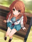  1girl asahina_mikuru bangs bench blue_sailor_collar blue_skirt breasts brown_eyes brown_footwear brown_hair check_commentary collarbone commentary_request eyebrows_visible_through_hair framed from_above full_body highres kita_high_school_uniform kuuma25_kuma large_breasts light_smile loafers long_hair long_sleeves looking_at_viewer making-of_available on_bench red_ribbon ribbon sailor_collar school_uniform shadow shirt shoes sitting sitting_on_bench skirt socks solo suzumiya_haruhi_no_yuuutsu twitter_username white_legwear white_shirt 