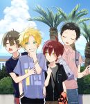  4boys ahoge bangs black_hair blonde_hair blue_shirt blush brown_hair bush chin_stroking closed_eyes cloud day ear_piercing green_eyes grin hair_between_eyes hand_in_pocket hand_on_own_chin highres jacket looking_at_viewer male_focus multiple_boys open_mouth original outdoors parted_lips piercing pillow_(nutsfool) pink_shirt purple_shirt red_hair saliva shirt short_sleeves sky smile spiked_hair t-shirt tongue tongue_out yellow_eyes 