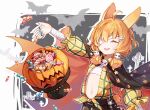  1girl :d animal_ears arknights bandages bangs black_cape black_headwear black_skirt candy cape closed_eyes covering_one_eye food hair_ornament halloween halloween_costume hiragi_rin kroos_(arknights) kroos_(the_mag)_(arknights) long_sleeves medium_hair navel official_alternate_costume open_mouth orange_hair orange_shirt polo_shirt pumpkin rabbit_ears rabbit_girl rabbit_tail sarashi shirt skirt skull_hair_ornament smile solo tail 