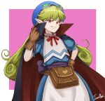  1girl apron blonde_hair blue_headwear brown_bag cape closed_mouth curly_hair fang gloves goggles goggles_on_head hat long_hair looking_at_viewer marivel_armitage pointy_ears red_eyes simple_background smile solo tuzi717 vampire wild_arms wild_arms_2 