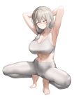  1girl absurdres armpits arms_behind_head arms_up bangs bare_shoulders blush breasts cleavage closed_eyes collarbone greem_bang grey_hair grey_pants grey_sports_bra grin hair_over_shoulder highres huge_breasts long_hair low_tied_hair navel pants smile solo sports_bra squatting tight tight_pants uzaki-chan_wa_asobitai! uzaki_tsuki yoga_pants 