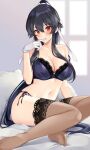  1girl bangs bed_sheet beige_legwear biting black_hair blush bra eyebrows_visible_through_hair glove_biting gloves hair_ribbon ichinomiya_(blantte) kantai_collection lace-trimmed_bra lace-trimmed_legwear lace_trim long_hair looking_at_viewer navel no_shoes on_bed panties pillow ponytail red_eyes ribbon side-tie_panties sidelocks sitting solo teeth thighhighs thighs underwear very_long_hair white_gloves white_ribbon yahagi_(kancolle) yokozuwari 