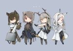  4girls absinthe_(arknights) animal_ears antlers arknights bangs black_footwear black_legwear black_skirt breasts brown_eyes brown_hair brown_legwear brown_shirt brown_skirt chibi commentary creator_connection dress eyebrows_visible_through_hair firewatch_(arknights) firewatch_(wilted_cypress)_(arknights) grey_eyes hair_between_eyes heavyrain_(arknights) highres jacket medium_breasts mikojin multiple_girls official_alternate_costume open_clothes open_jacket pantyhose parted_bangs pleated_skirt robin_(arknights) shirt shoes skirt sleeveless sleeveless_dress striped_tail symbol-only_commentary tail white_dress white_hair white_jacket white_shirt 