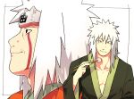  1boy bangs black_eyes border chopsticks closed_eyes facepaint fingernails food forehead_protector green_kimono hair_between_eyes holding holding_chopsticks japanese_clothes jiraiya_(naruto) kimono long_hair long_sleeves multiple_views naruto naruto_(series) ninja simple_background smile spiked_hair white_background white_hair yazakc 