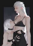  2girls bare_shoulders blue_eyes bra choker commentary_request dante_(devil_may_cry) devil_may_cry_(series) fingerless_gloves genderswap genderswap_(mtf) gloves highres hug lace-trimmed_bra lace_trim long_hair midriff multiple_girls pale_skin short_hair siblings simple_background strapless tube_top underwear vergil_(devil_may_cry) white_hair yaoyao794 