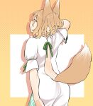  1girl animal_ears ass back bare_back blonde_hair brown_eyes fox_ears fox_girl fox_tail fuuzasa green_ribbon holding holding_hair kudamaki_tsukasa medium_hair ribbon romper short_hair short_sleeves smile tail touhou 