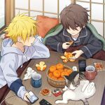  2boys animal bangs basket blonde_hair brown_hair cat cellphone closed_eyes closed_mouth controller cup ear_piercing food fruit hair_over_one_eye highres holding holding_food hood hood_down hoodie indoors kotatsu long_sleeves male_focus mug multiple_boys orange_(fruit) orange_peel original pajamas parted_lips phone piercing pillow_(nutsfool) red_hair remote_control sitting sliding_doors smartphone spiked_hair table tissue tongue 