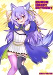  .live 1girl animal_ears arms_up blush breasts character_name cleavage commentary_request dated gloves happy_birthday highres open_mouth orange_eyes purple_hair rurun_rururica simple_background small_breasts soiru solo tail thighhighs virtual_youtuber wolf_ears wolf_tail 