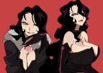  1girl absurdres bare_shoulders black_coat black_dress black_gloves black_hair breasts cleavage coat commentary dress elbow_gloves english_commentary fullmetal_alchemist fur_trim gloves highres homunculus large_breasts long_hair lust_(fma) multiple_views ouroboros red_background red_eyes simple_background smile tattoo upper_body whoopsatro 