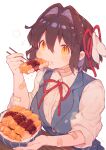  1girl absurdres amakawa_tamawo ano_hito_no_i_ni_wa_boku_ga_tarinai bandaid bandaid_on_arm bandaid_on_neck bowl breasts brown_eyes brown_hair chopsticks collared_shirt commentary_request eating eyebrows_visible_through_hair food food_on_face hair_between_eyes hair_ears hair_intakes hair_ribbon hand_up highres holding holding_chopsticks katsudon_(food) medium_breasts medium_hair mitsuhara_sachi multiple_sources neck_ribbon notice_lines red_ribbon ribbon shirt simple_background sleeves_pushed_up slit_pupils solo table upper_body vest white_background white_shirt 