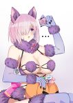  ... 1girl absurdres animal_ears basket breasts candy commentary condom condom_wrapper elbow_gloves fate/grand_order fate_(series) food fur-trimmed_gloves fur-trimmed_legwear fur_collar fur_trim gloves hair_over_one_eye halloween halloween_costume highres holding holding_condom jack-o&#039;-lantern lace-trimmed_legwear lace_trim large_breasts maroonabyss mash_kyrielight mash_kyrielight_(dangerous_beast) o-ring o-ring_top purple_eyes purple_gloves purple_hair purple_legwear purple_tail revealing_clothes short_hair sitting solo symbol-only_commentary tail wolf_ears wolf_girl wolf_tail 