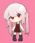  1girl alice_sawyer alice_sawyer_(artist) black_footwear blood blood_on_clothes blue_shorts boots chibi closed_mouth diagonal_stripes indie_virtual_youtuber long_sleeves looking_at_viewer pink_hair red_eyes shirt shorts solo stained_clothes striped striped_background twintails virtual_youtuber white_shirt white_sleeves 