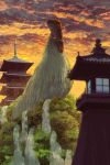  animal architecture bird building chicken creature east_asian_architecture highres monster no_humans oversized_animal scenery sky sunset toy(e) youkai yuugai_choujuu 