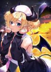  1girl bangs black_jacket blonde_hair blue_eyes blurry blurry_background blurry_foreground blush breasts cleavage commentary_request demon_girl demon_horns demon_tail demon_wings depth_of_field double_bun eyebrows_visible_through_hair eyes_visible_through_hair finger_to_mouth hands_up hat highres hololive horns jacket kasumi_komo long_sleeves looking_at_viewer necktie nurse_cap open_clothes open_jacket parted_lips pointy_ears purple_necktie shirt sleeveless sleeveless_shirt solo tail tail_raised virtual_youtuber white_shirt wings yuzuki_choco 