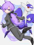  1girl anabel_(pokemon) bangs black_bow blue_eyes blush bow claws closed_mouth commentary earrings eyelashes gloves grey_jacket grey_pants hair_bow highres jacket jewelry latios long_hair long_sleeves looking_at_viewer mega_latios mega_pokemon nuneno outline pants pokemon pokemon_(creature) pokemon_(game) pokemon_sm ponytail purple_hair shirt shoes smile white_shirt 