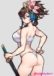  1girl alternate_costume ass back_turned bangs breasts brown_hair commentary_request dragalia_lost flower fundoshi fundoshi_pull ge-b hair_flower hair_ornament holding holding_sword holding_weapon japanese_clothes large_breasts long_hair looking_at_viewer ponytail shoulders sword upper_body weapon yachiyo_(dragalia_lost) 