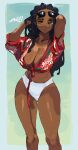  1girl absurdres arms_behind_head artist_name bikini bikini_bottom breasts brown_eyes cleavage dark-skinned_female dark_skin eyewear_on_head feet_out_of_frame freckles gigi_(whoopsatro) highres large_breasts original print_shirt shadow shirt short_sleeves solo sunglasses swimsuit tied_shirt white_bikini whoopsatro 