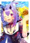  1girl ;d animal_ear_fluff animal_ears bangs bikini black_bikini black_jacket blurry blurry_background blush breasts cat_ears chain cleavage collar commentary_request commission day depth_of_field eyebrows_visible_through_hair facial_mark fang flower grimmori_(vtuber) hair_between_eyes hand_up horns indie_virtual_youtuber jacket kou_hiyoyo looking_at_viewer multicolored_hair one_eye_closed purple_eyes purple_hair red_collar short_sleeves skeb_commission small_breasts smile solo streaked_hair sunflower swimsuit upper_body virtual_youtuber yellow_flower 
