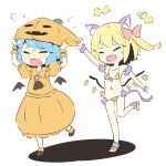  +++ 2girls alternate_costume animal_ear_fluff animal_ears arnest ascot bangs bat_wings bikini black_ascot black_footwear blonde_hair blue_hair blush bow brooch cat_ears cat_tail closed_eyes crystal fang flandre_scarlet flying_sweatdrops full_body hair_bow halloween hand_up hat jack-o&#039;-lantern_print jewelry medium_hair multiple_girls one_side_up open_mouth orange_bikini orange_footwear orange_headwear orange_legwear orange_shirt orange_skirt puffy_short_sleeves puffy_sleeves red_bow remilia_scarlet shirt shoes short_sleeves siblings simple_background sisters skin_fang skirt smile socks swimsuit tail tearing_up touhou wavy_mouth white_background wings wrist_cuffs 