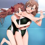  2girls barefoot black_swimsuit brown_eyes brown_hair competition_swimsuit cowboy_shot hug hug_from_behind long_hair misaka_mikoto multiple_girls one-piece_swimsuit school_swimsuit shirai_kuroko short_hair smile surprised swimsuit toaru_kagaku_no_railgun toaru_majutsu_no_index twintails yadokari_genpachirou 