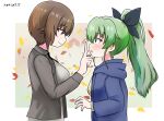  2girls alternate_hairstyle anchovy_(girls_und_panzer) armorganger autumn_leaves bangs black_shirt blue_hoodie brown_eyes brown_hair casual closed_mouth collared_shirt commentary dated eyebrows_visible_through_hair from_side girls_und_panzer green_hair grey_shirt hood hoodie index_finger_raised long_hair long_sleeves looking_at_another multiple_girls nishizumi_maho open_mouth ponytail red_eyes shirt short_hair smile yuri 