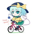  1girl bicycle black_footwear black_headwear bow collared_shirt commentary frilled_shirt_collar frilled_sleeves frills fumo_(doll) green_eyes green_hair green_skirt ground_vehicle hat hat_bow highres komeiji_koishi long_sleeves rei_(tonbo0430) ribbon riding shirt simple_background skirt solo touhou wavy_hair white_background wide_sleeves yellow_bow yellow_ribbon yellow_shirt 