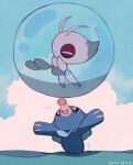  blue_eyes bright_pupils bubble celebi closed_eyes closed_mouth cloud commentary_request dated day highres leels no_humans open_mouth outdoors pokemon pokemon_(creature) popplio sky smile tongue water white_pupils 
