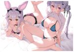  2girls absurdres animal_ears arm_support ass bangs bare_legs bare_shoulders barefoot bed_sheet bikini black_bow blonde_hair blue_bikini blunt_bangs blush border bow breasts brown_eyes choker cleavage clothes_lift collarbone colored_inner_hair curly_hair double_bun eyebrows_visible_through_hair feet_out_of_frame fingernails frills full_body gaou_(umaiyo_puyoman) hair_between_eyes hair_bow hair_ornament hairclip head_rest highres hourei_tenten large_breasts legs_up lifted_by_self long_hair looking_at_viewer lying medium_breasts melty+ mochizuki_himari mole mole_on_breast mole_under_eye mouth_hold multicolored_hair multiple_girls navel on_stomach purple_bikini purple_eyes rabbit_ears scan shirt_lift short_sleeves side-tie_bikini silver_hair simple_background sitting skindentation soles swimsuit the_pose thighs tied_hair twintails uni_create virtual_youtuber white_background white_border x_hair_ornament 