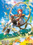  1girl bangs character_name cloud gate_ruler high_heels logo looking_at_viewer noki_(affabile) official_art open_mouth orange_eyes parted_bangs petals pointy_ears red_hair short_hair_with_long_locks sky smile solo swinging 