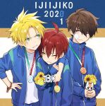  2020_summer_olympics 3boys ahoge bandage_on_face bandages bangs blonde_hair blue_jacket brown_hair closed_mouth ear_piercing flower green_eyes hair_between_eyes hand_on_hip holding jacket long_sleeves male_focus medal multiple_boys olympics one_eye_closed open_clothes open_jacket original pants piercing pillow_(nutsfool) red_eyes red_hair shirt spiked_hair upper_body white_shirt yellow_eyes yellow_flower 