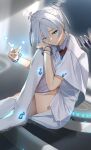  1girl bangs blue_eyes bracelet double_bun eyebrows_behind_hair eyebrows_visible_through_hair hair_between_eyes hair_bun highres jewelry light looking_at_viewer nova_(warframe) pallad shirt short_hair silver_hair sitting smile solo warframe 