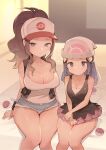  2girls baseball_cap beanie bed breasts brown_hair dawn_(pokemon) denim denim_shorts hat highres hilda_(pokemon) large_breasts looking_at_viewer miniskirt miya9 multiple_girls pink_skirt poke_ball poke_ball_(basic) poke_ball_symbol pokemon pokemon_(game) pokemon_bw pokemon_dppt ponytail short_shorts shorts sitting skirt sleeveless small_breasts thighs white_headwear 