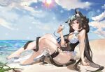  1girl ;q absurdres animal_ear_fluff animal_ears arm_support asymmetrical_clothes barefoot beach bell breasts cat_ears cat_girl commentary day duzizai eyewear_on_head food full_body highres holding holding_food ice_cream ice_cream_cone large_breasts long_hair multiple_tails neck_bell one-piece_swimsuit one_eye_closed original outdoors red_eyes sitting solo star-shaped_eyewear sun sunlight swimsuit tail tail_around_leg thigh_strap tongue tongue_out two-tone_swimsuit two_tails very_long_hair 