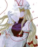  1girl arm_strap bangs blonde_hair bow breasts cherry_blossoms closed_mouth eyebrows_visible_through_hair frilled_gloves frilled_sleeves frills gloves hair_between_eyes hat hat_ribbon kikichan large_breasts light_purple_eyes long_hair long_sleeves looking_at_viewer mob_cap one_eye_covered petals purple_nails red_bow red_ribbon ribbon sidelocks simple_background single_glove smile solo tabard touhou transparent upper_body very_long_hair white_background white_gloves white_headwear wide_sleeves yakumo_yukari 