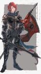  1boy armor belt black_armor border commentary_request flag full_body granblue_fantasy grey_background hand_on_hip highres holding holding_sword holding_weapon looking_to_the_side male_focus medium_hair mumu_vosp percival_(granblue_fantasy) red_eyes red_hair solo standing sword weapon 