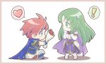  ! 1boy 1girl armor blue_cape blue_eyes blue_headband blush border bouquet cape cecilia_(fire_emblem) chibi confession fire_emblem fire_emblem:_the_binding_blade flower green_eyes green_hair ham_pon headband heart hetero kneeling long_hair looking_at_another pink_border purple_cape red_flower red_hair red_rose rose roy_(fire_emblem) speech_bubble spoken_exclamation_mark spoken_heart sweatdrop white_background 