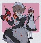  2boys ahoge alternate_costume apron bandage_on_face bandages bangs black_dress black_footwear blood blood_on_clothes blood_on_face blood_on_hands brown_hair closed_mouth crossdressing dress drill ear_piercing enmaided hair_between_eyes holding long_sleeves looking_at_viewer maid maid_headdress male_focus multiple_boys original parted_lips piercing pillow_(nutsfool) red_eyes red_hair simple_background sweat two-tone_background white_apron white_legwear yellow_eyes 